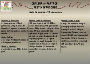 Légumes & fruits frais 1,1 kg de carottes, 1,1 kg de potimarron, 1,5 kg de choux de Bruxelles, 2 oignons, 16 pommes, 5 poires, 1 citron, quelques feuilles de menthe.Herbes fraîches 2 c. à soupe de ciboulette ciselée, 2 c. à soupe de persil haché.Épicerie sèche & condiments 300 g de farine de blé T65, 100 ml d’huile d’olive douce, 400 g de lentilles vertes, 250 g de noix, 100 g de raisins secs, 200 g de raisins, 100 g de spéculoos, 50 g de sucre, 2 c. à soupe de miel, 1 c. à café de cannelle, 1 c. à café de gingembre, 1 c. à café de muscade, 1 c. à café de cumin, 5 c. à soupe d’huile de noix, 3 c. à soupe de vinaigre de cidre, 1 c. à soupe de moutarde, 1 c. à soupe de thym, sel, poivre. Produits laitiers & œufs 8 œufs, 350 ml de lait, 300 g de fromage frais (type chèvre ou fromage à tartiner), 150 g de fromage râpé (tomme, comté ou emmental), 200 g de fromage râpé pour gratin, 200 g de fromage en dés (tomme, comté ou emmental), 200 g de chèvre frais, 40 g de beurre. Herbes fraîches 2 c. à soupe de ciboulette ciselée, 2 c. à soupe de persil haché. Viande & substituts 2 kg de rôti de porc, 200 g de tofu fumé.
