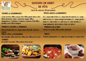 Saveurs en Habit de Fête Liste de courses 10 personnes LÉGUMES & LÉGUMINEUSES 1,1 kg carottes, 600 g courge rôtie, 600 g patate douce rôtie, 500 g betteraves cuites, 7 poivrons rouges, 500 g champignons, 4 échalotes, 5 oignons, 2 gousses d’ail, 600 g lentilles corail, 500 g boulgour PRODUITS LAITIERS & FROMAGES 320 g fromage frais, 2 c. soupe crème, 60 cl lait vache ou végétal FRUITS SECS & OLEAGINEUX 60 g amandes, 160 g noisettes, 160 g noix, 100 g mix de noix VIANDES 1,5 kg filets de poulet, 250 g chorizo doux ou fort ÉPICES, HUILES &CONDIMENTS 12 c. soupe huile d’olive, 2 c. soupe huile de noisette, 2 c. soupe huile de noix, 2 c. soupe vinaigre balsamique, 2 c. soupe paprika fumé, 2 c. café cumin, 2 c. café curry, 2 c. café cannelle, 2 c. soupe gingembre, épices douces, thym, sel, poivre PRODUITS DE LA MER 2 boîtes de moules, 400 g moules égouttées FRUITS 24 dattes dénoyautées, 4 c. soupe jus d’orange, 6 c. soupe citron