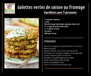Galettes vertes de saison au fromage Ingrédients pour 4 personnes 2 courgettes moyennes 2 œufs 80 g de fromage râpé (comté, emmental, chèvre sec) 3 c. à soupe de farine de pois chiche 1 c. à café de curcuma Sel, poivre Huile pour cuisson 🍳 Préparation Râper les courgettes, les presser dans un torchon pour retirer l’excès d’eau. Battre les œufs dans un saladier. Ajouter la farine, le curcuma, le sel et le poivre. Incorporer les courgettes râpées et le fromage. Laisser reposer la pâte 10 minutes. Chauffer une poêle légèrement huilée. Verser une petite louche de pâte, former une galette ronde. Cuire 2 à 3 minutes de chaque côté, jusqu’à ce qu’elles soient bien dorées.