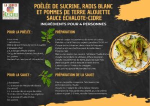 Poêlée de sucrine, radis blanc et pommes de terre Alouette sauce échalote-cidre 🧂 Ingrédients pour 4 personnes Pour la poêlée : 4 sucrines 1 radis blanc 800 g de pommes de terre Alouette 2 gousses d’ail 2 c. à soupe d’huile d’olive 100 g de lardons fumés (facultatif) Sel, poivre Herbes fraîches (persil, ciboulette) Pour la sauce : 2 échalotes 1 c. à soupe de moutarde douce (facultatif) 2 c. à soupe de vinaigre de cidre 10 cl de crème fraîche ou végétale 1 c. à soupe d’huile d’olive Sel, poivre 🍳 Préparation La poêlée : Laver et couper les pommes de terre en cubes. Les cuire à l’eau ou à la vapeur pendant 15–20 minutes. Couper les sucrines en deux dans la longueur. Éplucher et trancher finement le radis blanc. Émincer l’ail. Dans une poêle, faire revenir l’ail dans l’huile d’olive. Ajouter les lardons (si utilisés) et les faire dorer. Ajouter les pommes de terre, puis les sucrines (face coupée vers le bas) et le radis blanc. Laisser cuire 5–7 minutes à feu moyen. Saler, poivrer, ajouter les herbes fraîches. La sauce : Dans une petite casserole, faire revenir les échalotes dans l’huile. Ajouter le vinaigre de cidre, laisser réduire. Incorporer la moutarde (facultatif), puis la crème. Laisser mijoter 2–3 minutes, rectifier l’assaisonnement.