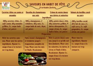 Carottes rôties au cumin et amandes Ingrédients : 500 g carottes rôties 2 c. café cumin 60 g amandes grillées 2 c. soupe huile d’olive sel, poivre Préparation : Rôtir les carottes sans eau, jusqu’à ce qu’elles soient tendres. Mixer avec les autres ingrédients. Ajouter 1 c. soupe d’eau si la texture est trop dense. Duxelles de champignons aux noix Ingrédients : 500 g champignons 2 échalotes 60 g noix 2 c. soupe huile de noix thym sel, poivre Préparation : Faire revenir les champignons et les échalotes jusqu’à évaporation complète de l’eau. Mixer avec les noix et l’huile. Assaisonner. Crème de patate douce aux dattes et noisettes Ingrédients : 600 g patate douce rôtie 60 g noisettes grillées 4 dattes dénoyautées 2 c. soupe citron 2 c. soupe huile d’olive sel, poivre Préparation : Rôtir la patate douce sans eau, jusqu’à ce qu’elle soit bien fondante. Mixer avec les noisettes, les dattes, le citron et l’huile d’olive. Assaisonner. Ajouter 1 c. soupe d’eau si la texture est trop dense. Velours de lentilles corail au curry Ingrédients : 200 g lentilles corail 20 cl lait de coco 2 c. café curry 2 c. café gingembre 2 c. soupe citron sel, poivre Préparation : Cuire les lentilles corail dans deux fois leur volume d’eau, jusqu’à ce qu’elles soient bien tendres. Égoutter si besoin. Mixer avec les autres ingrédients. Ajouter 1 c. soupe d’eau si la texture est trop compacte.